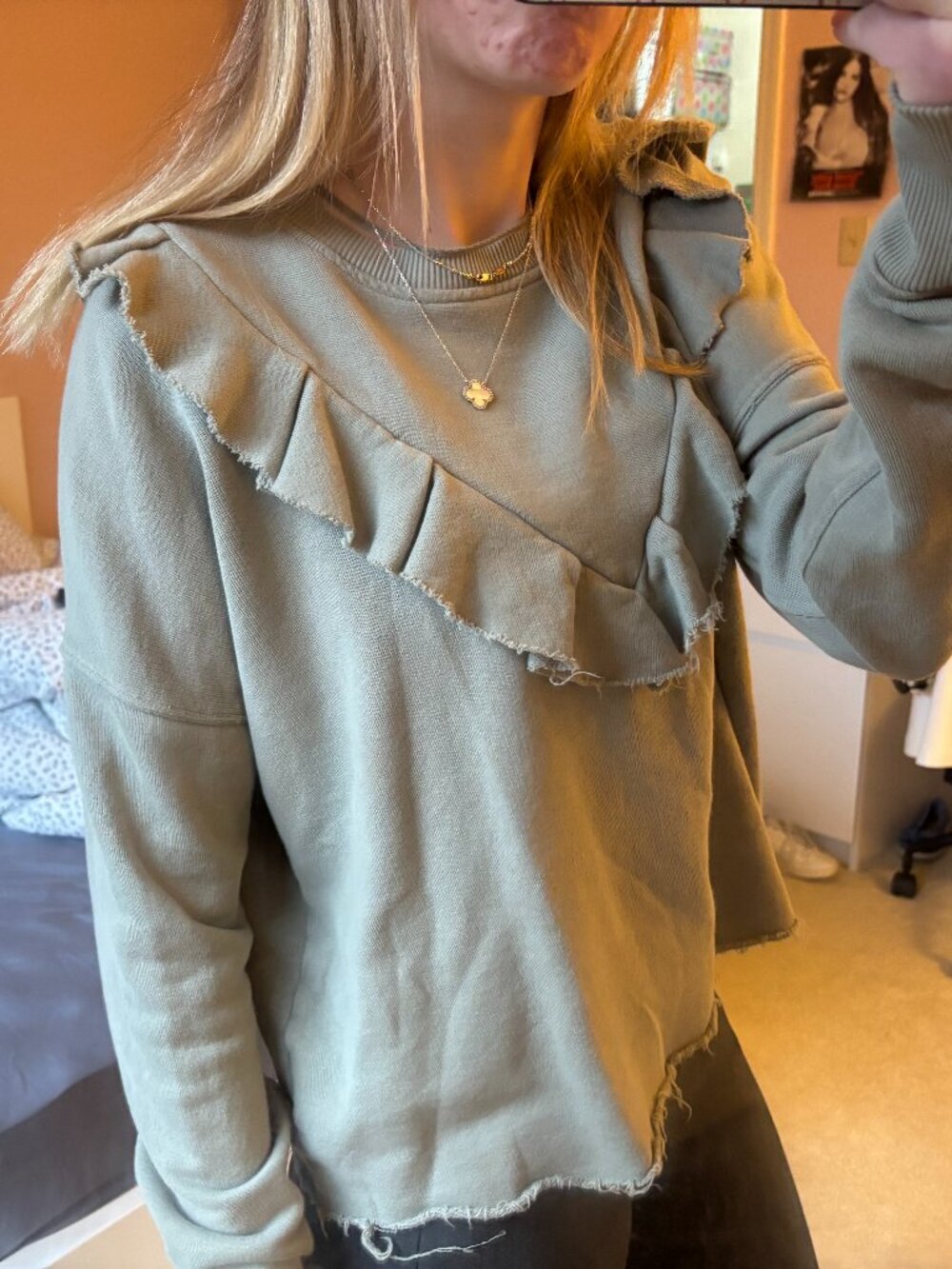 Free People Sage Green Ruffle Cropped Sweatshirt M